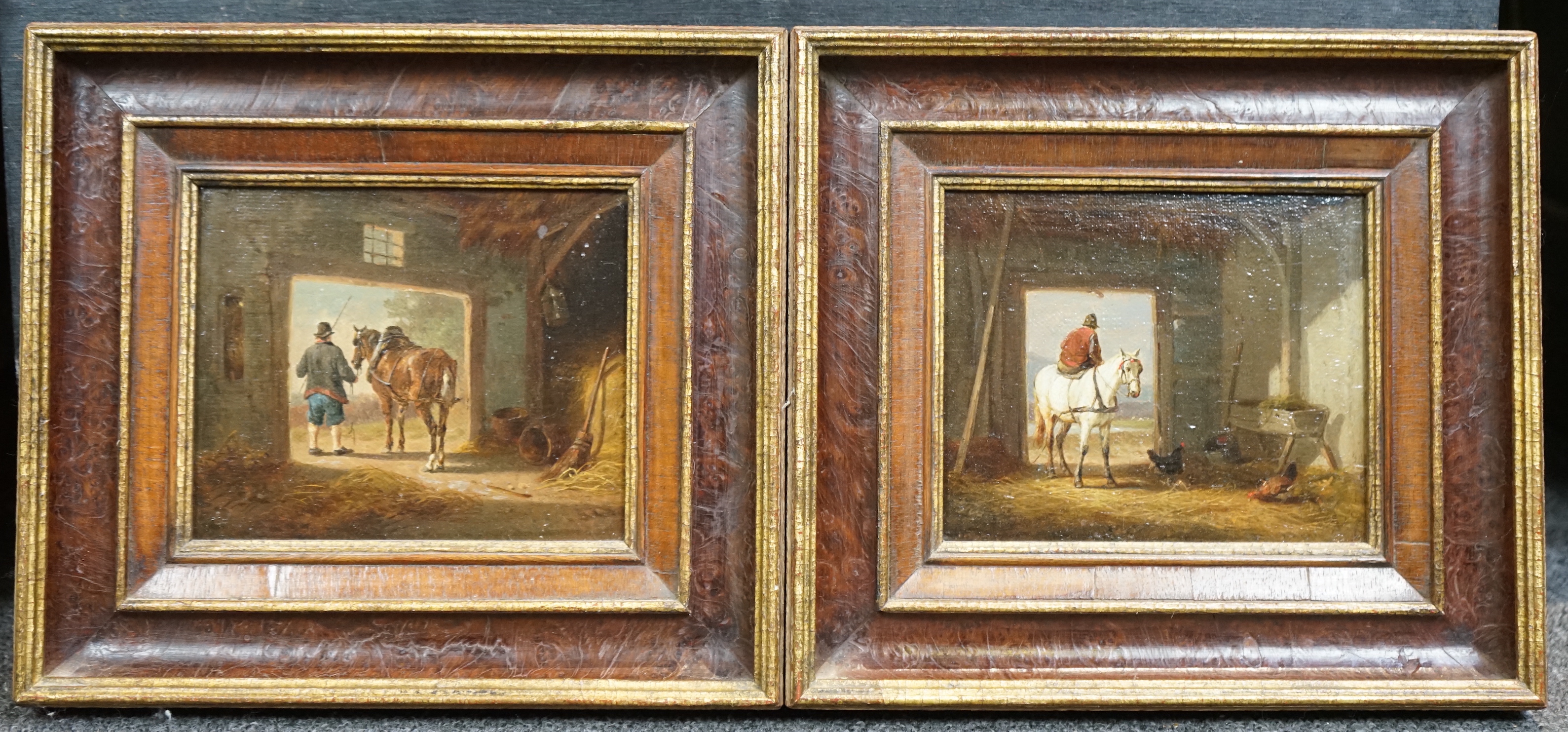 Attributed to Eugene Verboeckhoven (Belgian, 1798-1881), pair of oils on canvas laid on board, Horse and rider entering and leaving a stable, 12 x 14.5cm